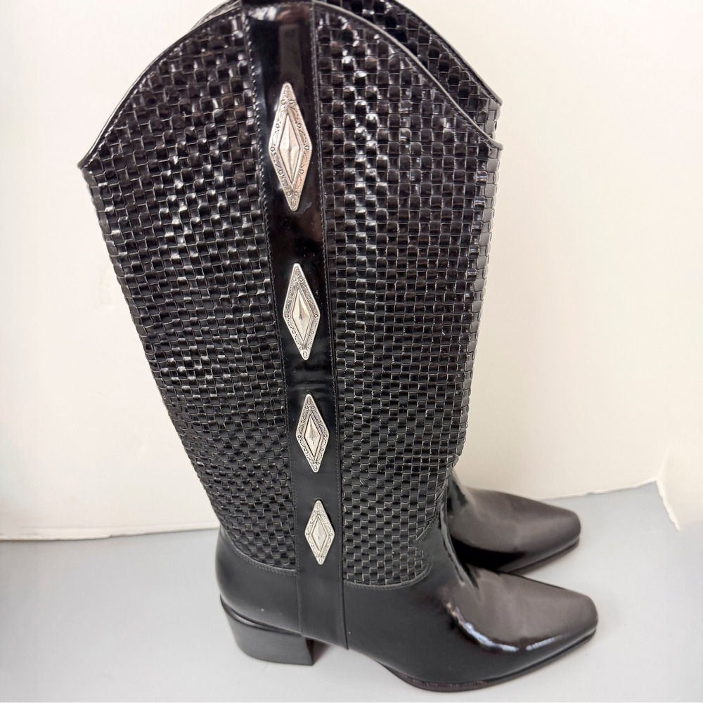 Brighton Womens Black Leather Basketweave Western Boots Silver Conchos 9.5M